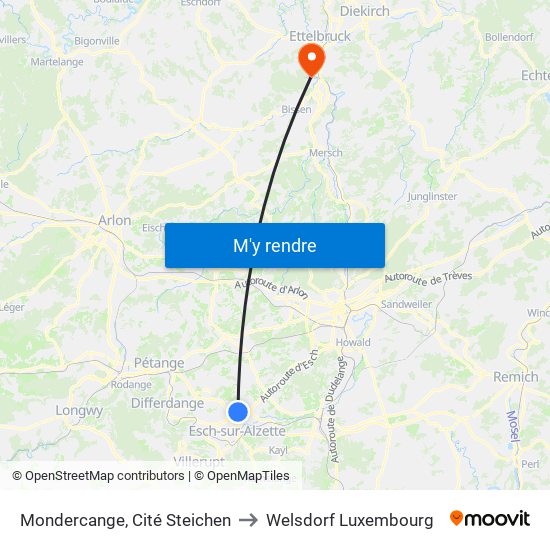 Mondercange, Cité Steichen to Welsdorf Luxembourg map