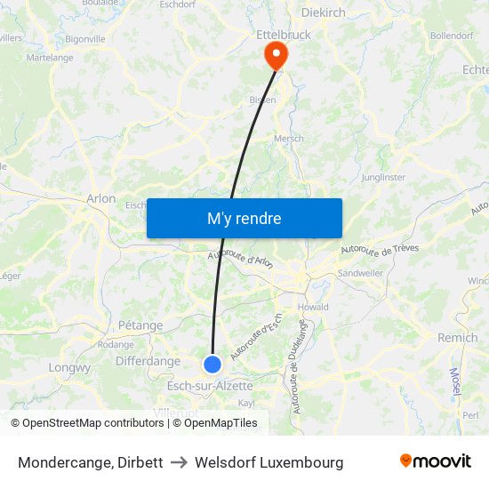 Mondercange, Dirbett to Welsdorf Luxembourg map