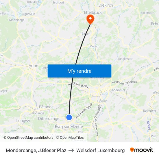 Mondercange, J.Bleser Plaz to Welsdorf Luxembourg map