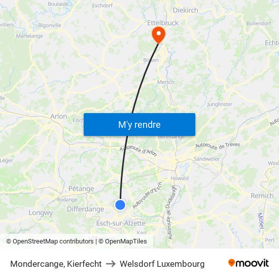 Mondercange, Kierfecht to Welsdorf Luxembourg map