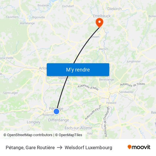 Pétange, Gare Routière to Welsdorf Luxembourg map