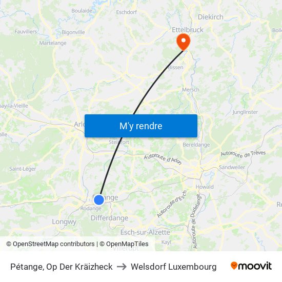 Pétange, Op Der Kräizheck to Welsdorf Luxembourg map