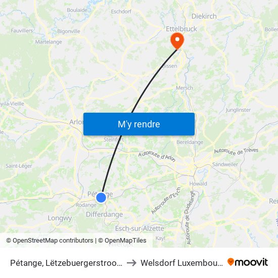 Pétange, Lëtzebuergerstrooss to Welsdorf Luxembourg map
