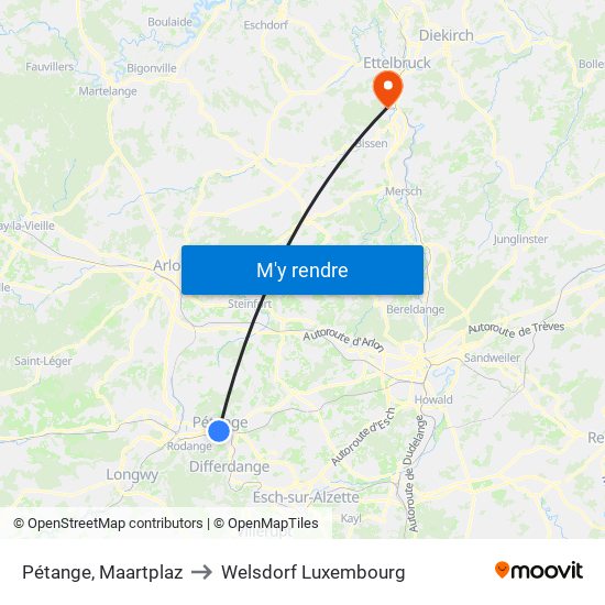 Pétange, Maartplaz to Welsdorf Luxembourg map