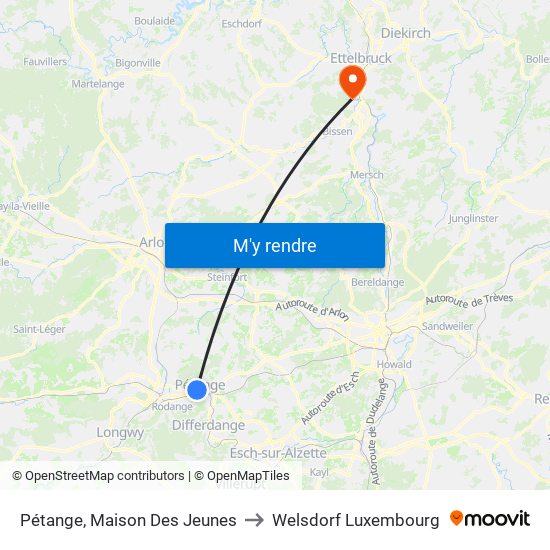 Pétange, Maison Des Jeunes to Welsdorf Luxembourg map