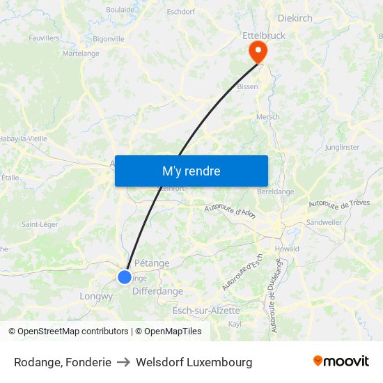 Rodange, Fonderie to Welsdorf Luxembourg map