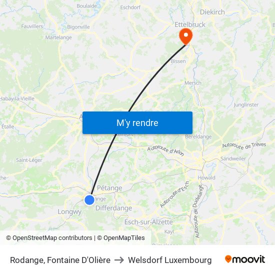 Rodange, Fontaine D'Olière to Welsdorf Luxembourg map