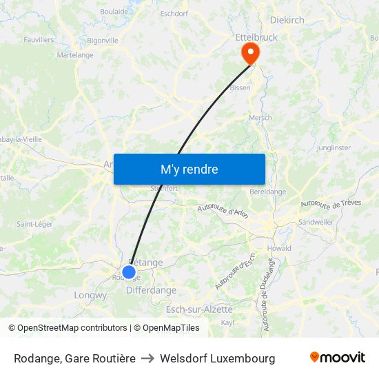 Rodange, Gare Routière to Welsdorf Luxembourg map