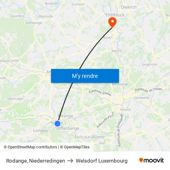 Rodange, Niederredingen to Welsdorf Luxembourg map