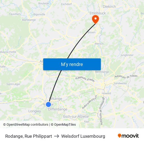 Rodange, Rue Philippart to Welsdorf Luxembourg map