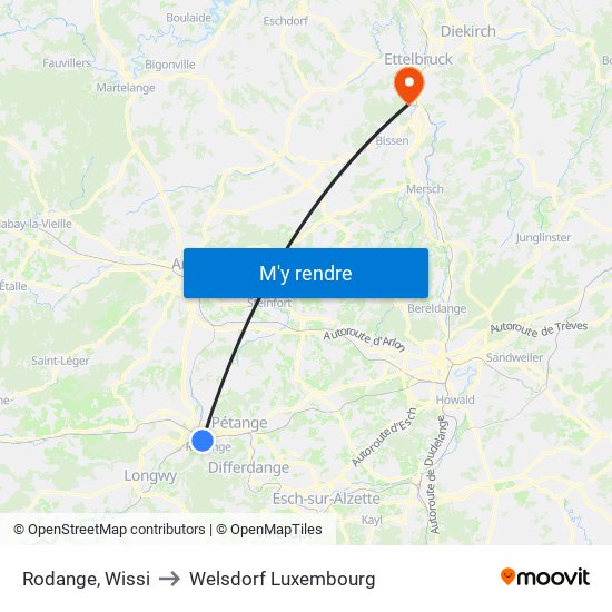 Rodange, Wissi to Welsdorf Luxembourg map