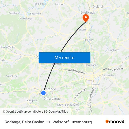 Rodange, Beim Casino to Welsdorf Luxembourg map