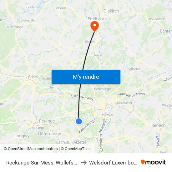 Reckange-Sur-Mess, Wollefskaul to Welsdorf Luxembourg map