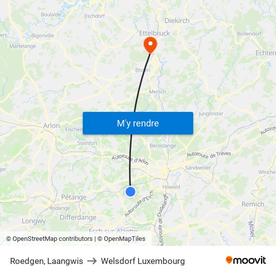 Roedgen, Laangwis to Welsdorf Luxembourg map