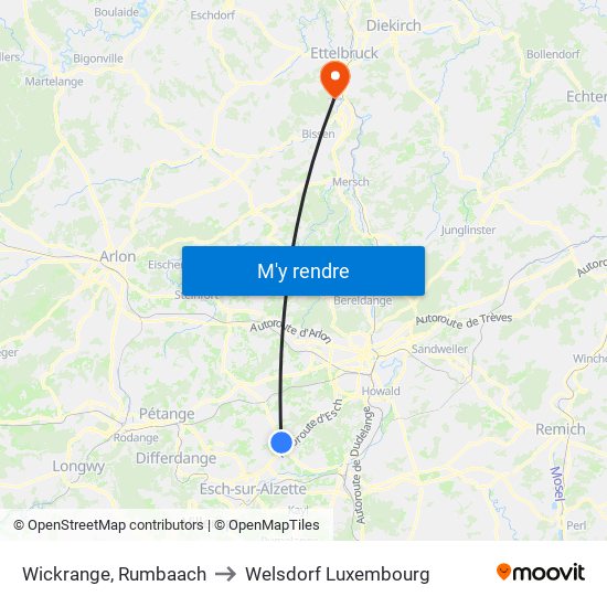 Wickrange, Rumbaach to Welsdorf Luxembourg map