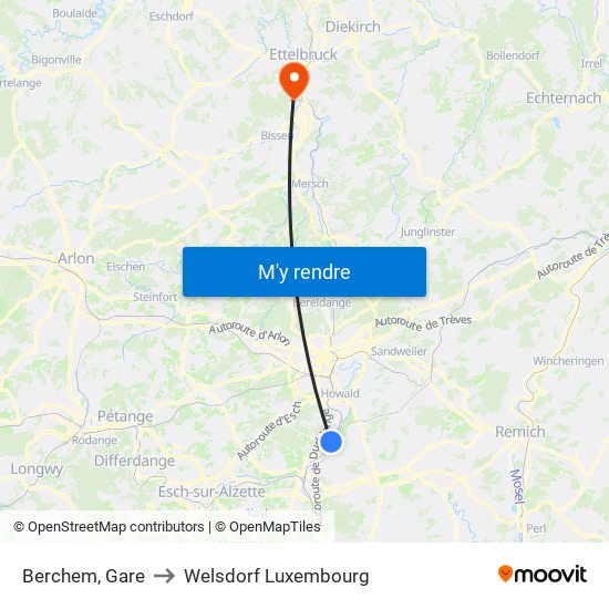 Berchem, Gare to Welsdorf Luxembourg map