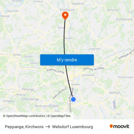 Peppange, Kirchwois to Welsdorf Luxembourg map