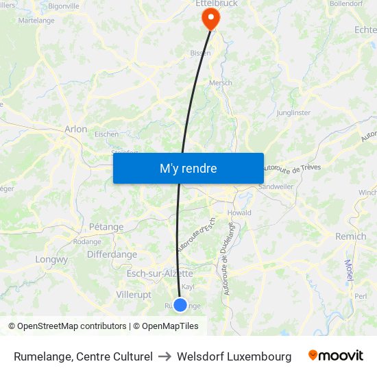 Rumelange, Centre Culturel to Welsdorf Luxembourg map