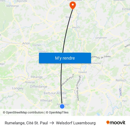 Rumelange, Cité St. Paul to Welsdorf Luxembourg map