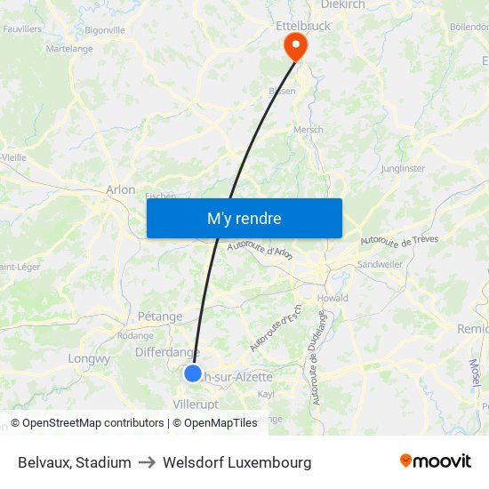 Belvaux, Stadium to Welsdorf Luxembourg map