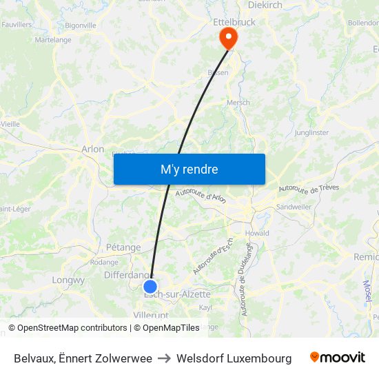 Belvaux, Ënnert Zolwerwee to Welsdorf Luxembourg map