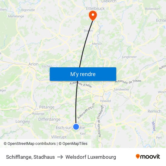 Schifflange, Stadhaus to Welsdorf Luxembourg map