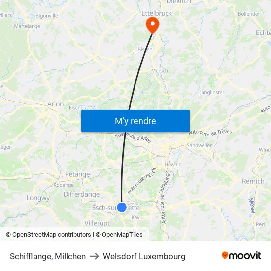 Schifflange, Millchen to Welsdorf Luxembourg map