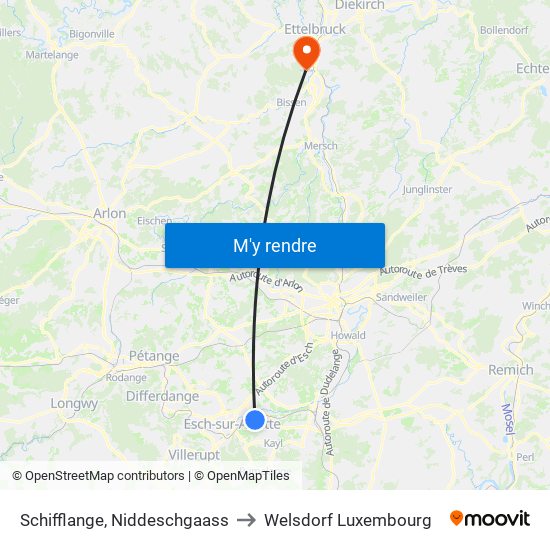 Schifflange, Niddeschgaass to Welsdorf Luxembourg map