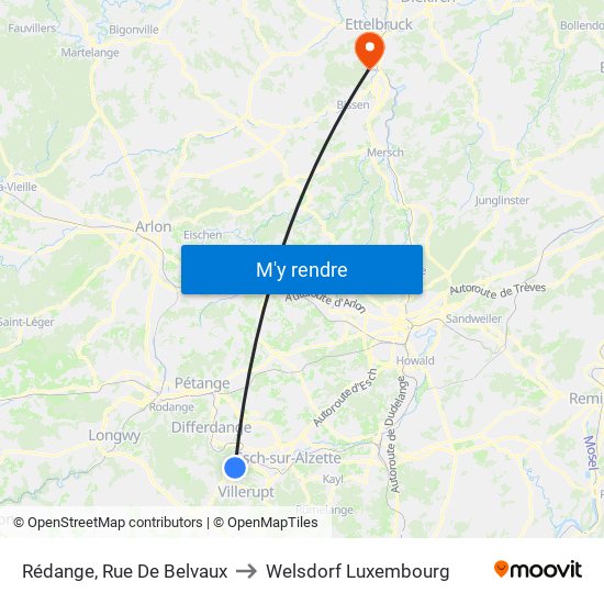 Rédange, Rue De Belvaux to Welsdorf Luxembourg map