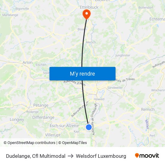 Dudelange, Cfl Multimodal to Welsdorf Luxembourg map