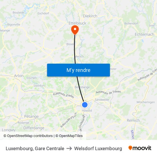 Luxembourg, Gare Centrale to Welsdorf Luxembourg map