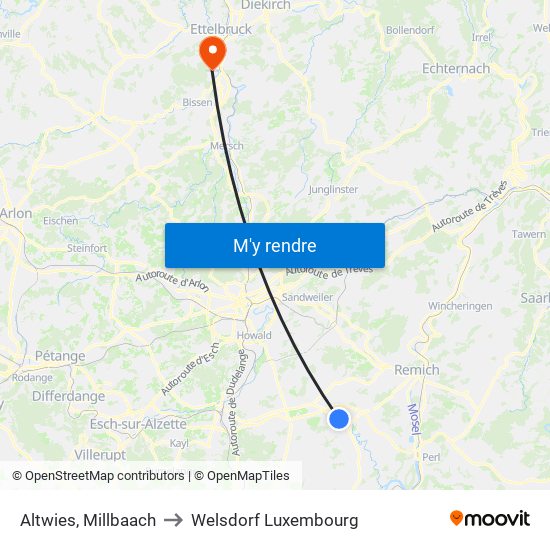 Altwies, Millbaach to Welsdorf Luxembourg map