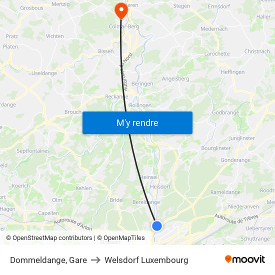 Dommeldange, Gare to Welsdorf Luxembourg map