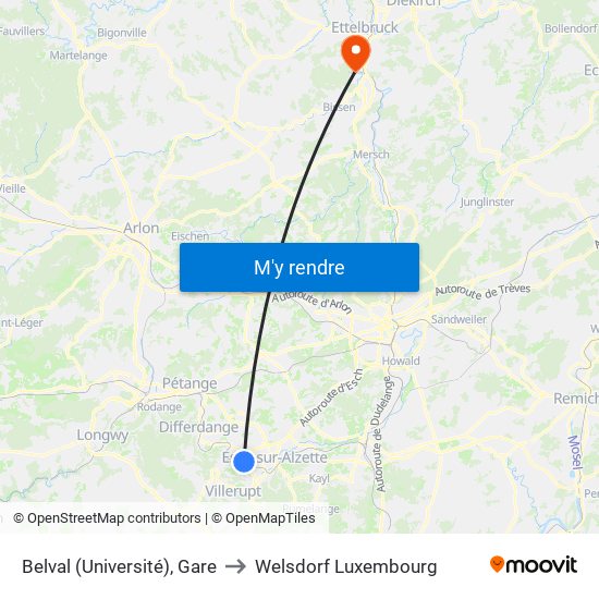 Belval (Université), Gare to Welsdorf Luxembourg map