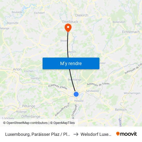 Luxembourg, Paräisser Plaz / Place De Paris to Welsdorf Luxembourg map