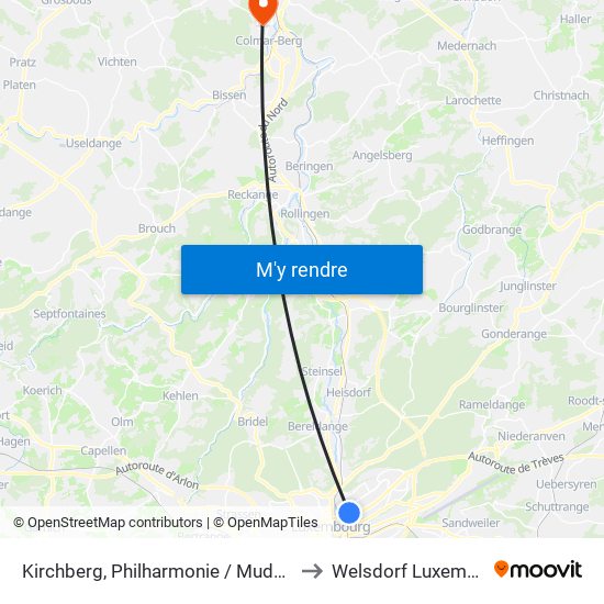 Kirchberg, Philharmonie / Mudam (Bus) to Welsdorf Luxembourg map