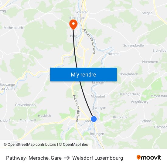 Pathway- Mersche, Gare to Welsdorf Luxembourg map