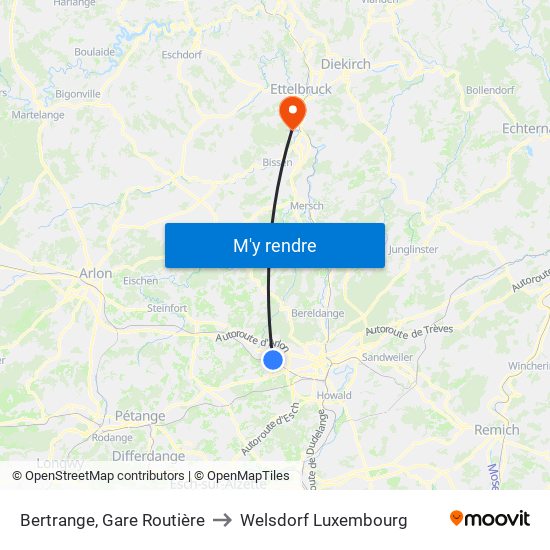 Bertrange, Gare Routière to Welsdorf Luxembourg map