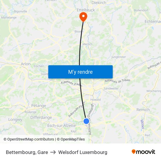 Bettembourg, Gare to Welsdorf Luxembourg map