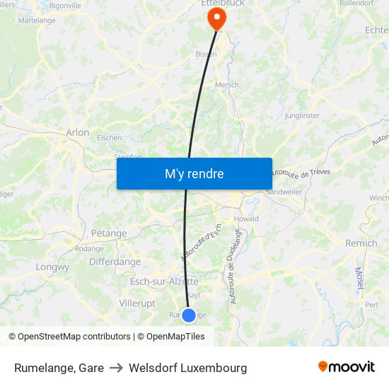 Rumelange, Gare to Welsdorf Luxembourg map