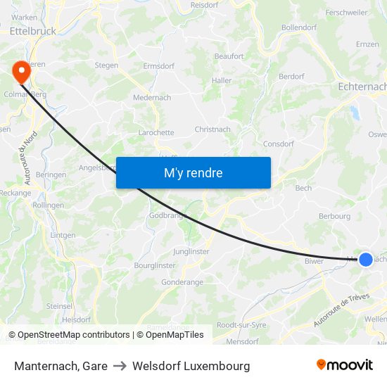 Manternach, Gare to Welsdorf Luxembourg map