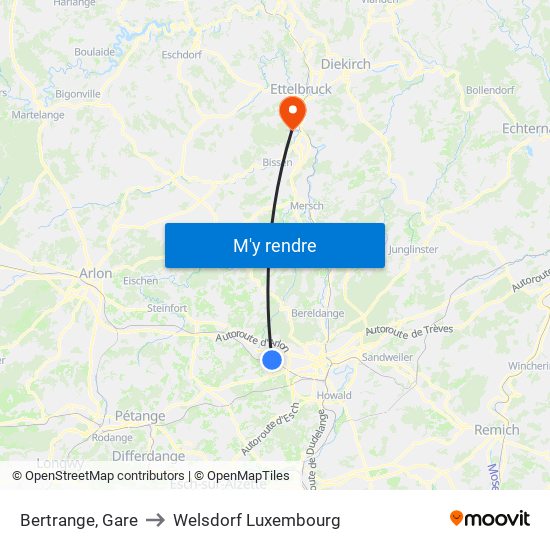 Bertrange, Gare to Welsdorf Luxembourg map