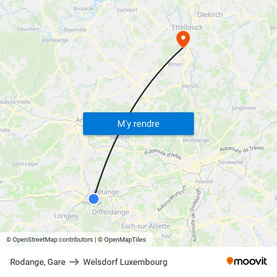 Rodange, Gare to Welsdorf Luxembourg map
