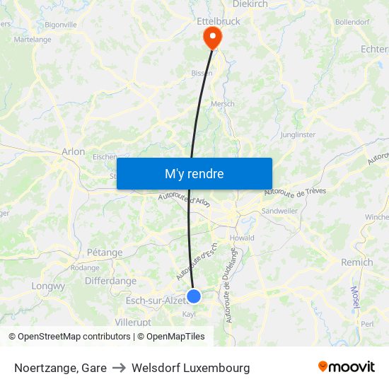 Noertzange, Gare to Welsdorf Luxembourg map