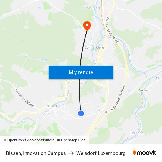 Bissen, Innovation Campus to Welsdorf Luxembourg map