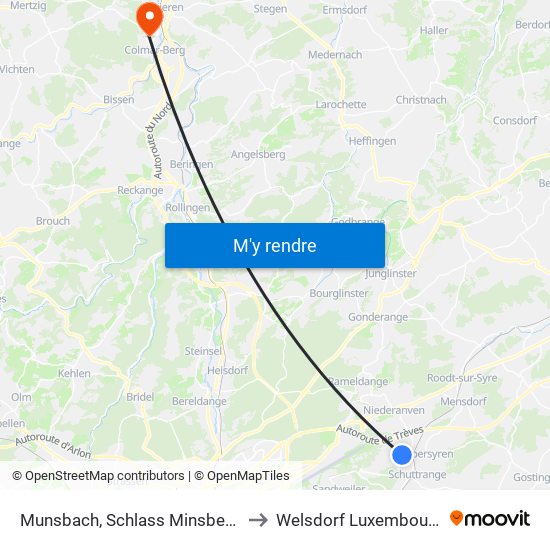 Munsbach, Schlass Minsbech to Welsdorf Luxembourg map