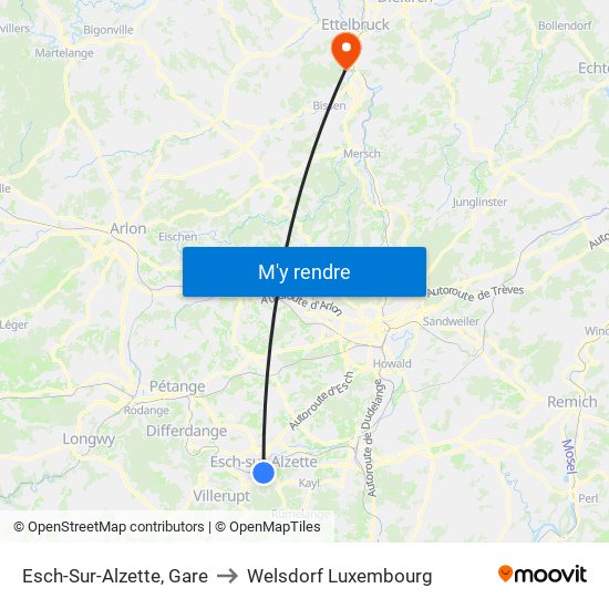 Esch-Sur-Alzette, Gare to Welsdorf Luxembourg map