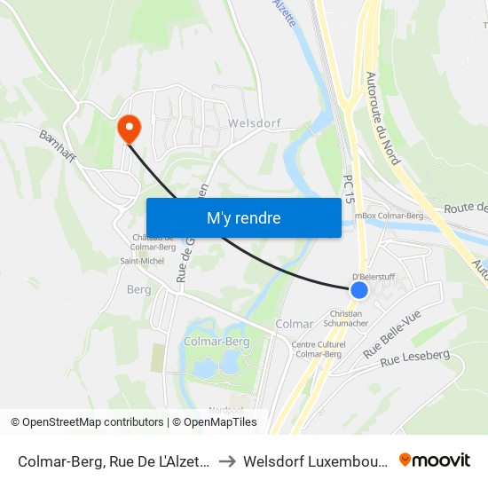 Colmar-Berg, Rue De L'Alzette to Welsdorf Luxembourg map