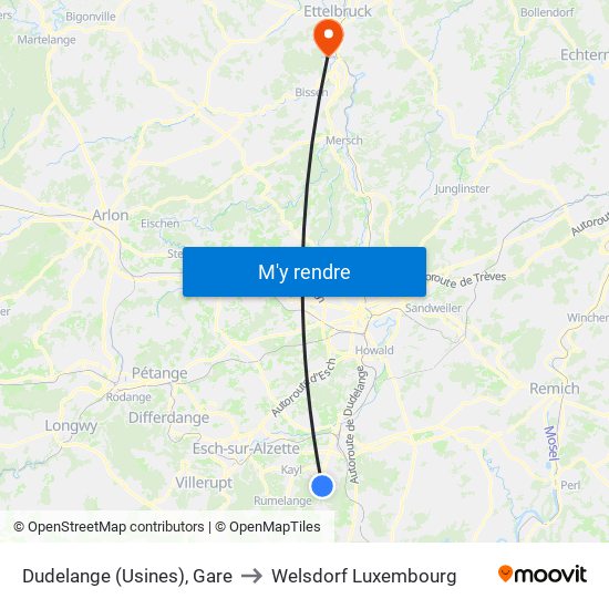 Dudelange (Usines), Gare to Welsdorf Luxembourg map