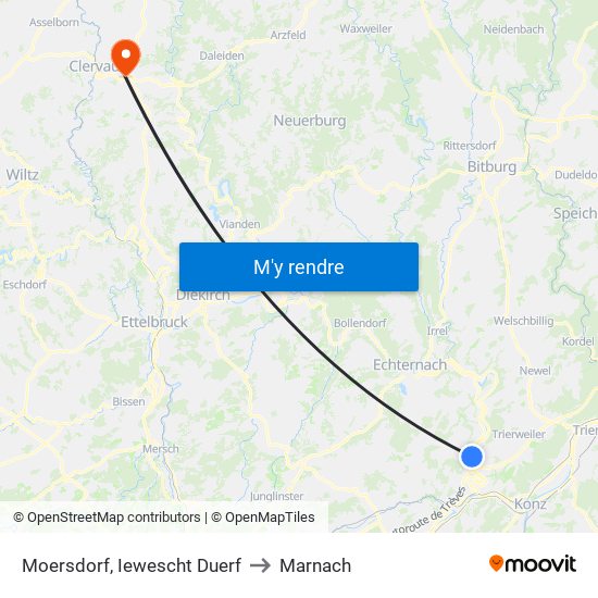 Moersdorf, Iewescht Duerf to Marnach map